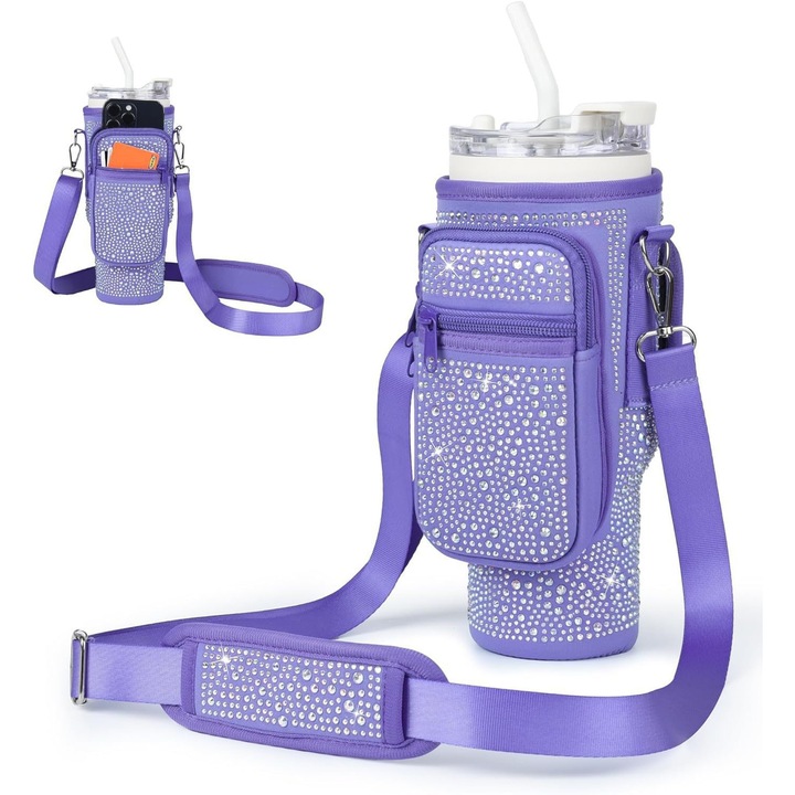 Неопренов калъф за Stanley 40 oz с лилави светещи камъни, регулируема презрамка и двойни джобове