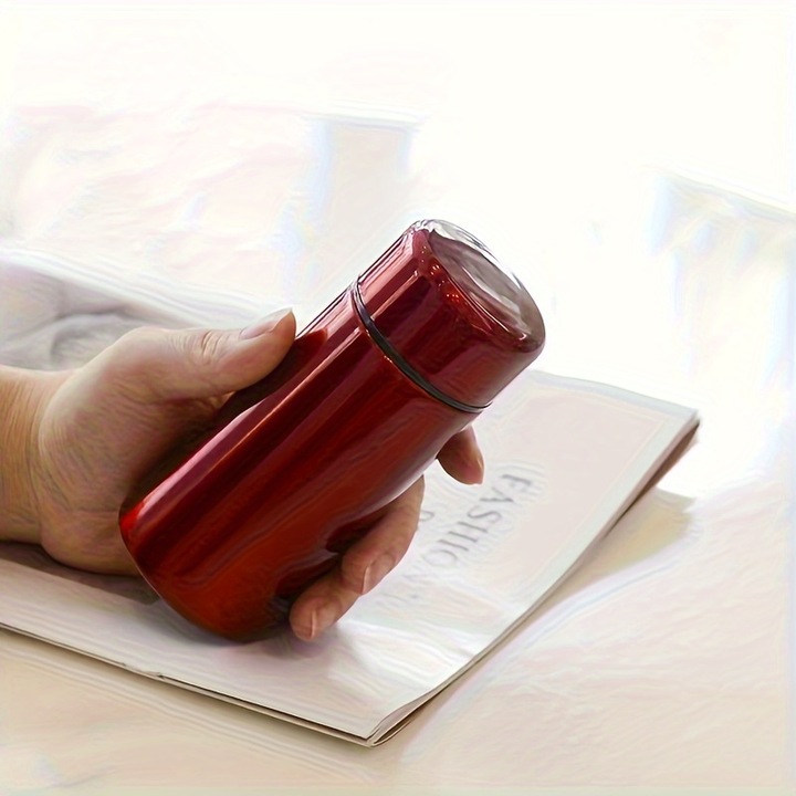 Cana Compacta Izolata Din Otel Inoxidabil Rosie - 160ml, 5.4cm x 12.4cm, Otel Inoxidabil 304, Sigilabila si Portabila, Ideala Pentru Bauturi Calde Sau Reci, Camping si Drumetii