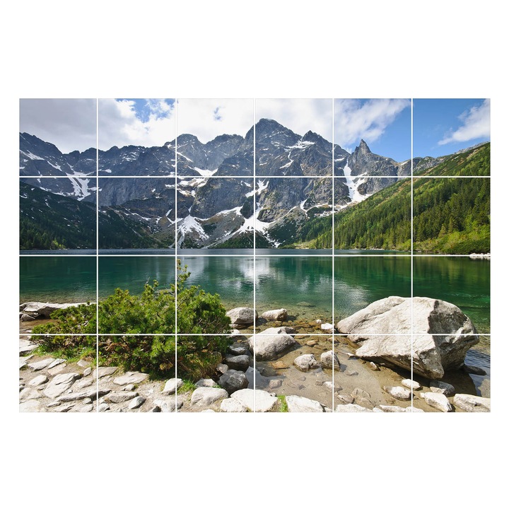 Matrica szett falra vagy csempére, Wallfluent, Hegyi táj egy tóval, Zöld, 20x20 cm, 24 darab, Dekorációs, 010140070290000001044