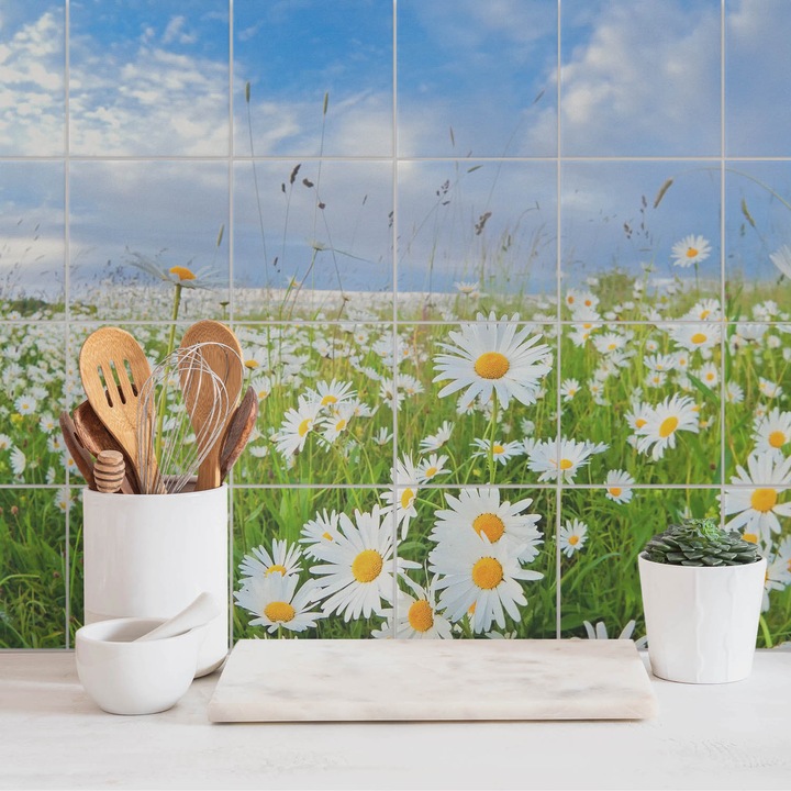 Autocolante pentru gresie, Wallfluent, Peisaj de lunca florala, Alb, 15x15 cm, 24 bucati, Decorative, 010140070240000000257