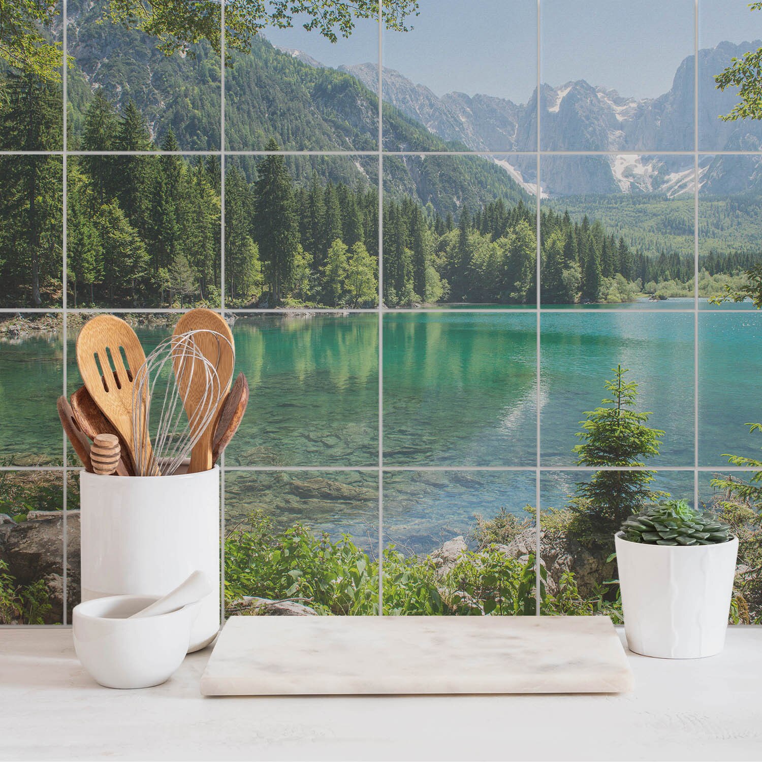 Autocolante gresie, Wallfluent, Peisaj montan cu un lac, Turcoaz