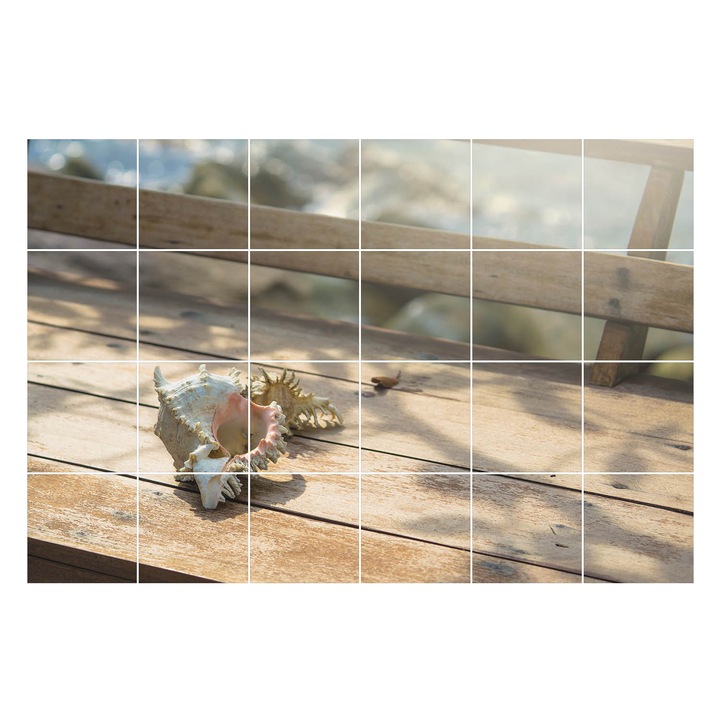 Autocolante gresie si faianta, Wallfluent, Scoici pe un fundal de lemn, Bej, 10x10 cm, 24 bucati, Decorative, 010140070180000000150