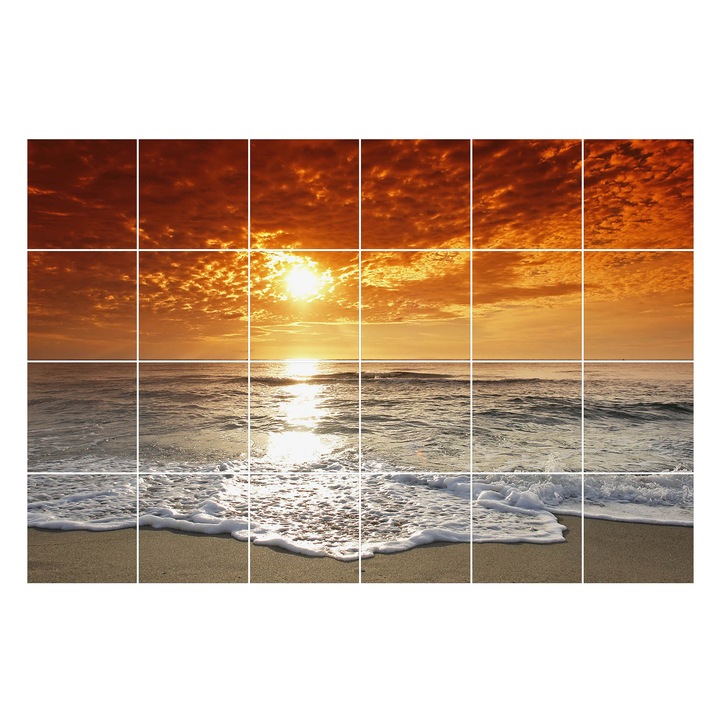 Autocolante gresie, Wallfluent, Apus peste mare, Portocaliu, 20x20 cm, 24 bucati, Decorative, 010140070290000001130