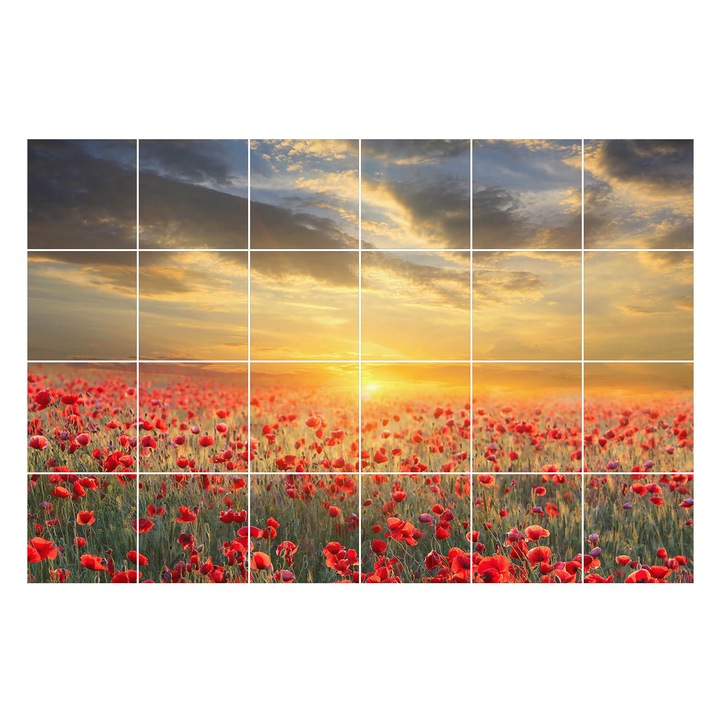 Autocolante gresie si faianta, Wallfluent, Peisaj floral la apus, Rosu, 10x10 cm, 24 bucati, Decorative, 010140070180000001395