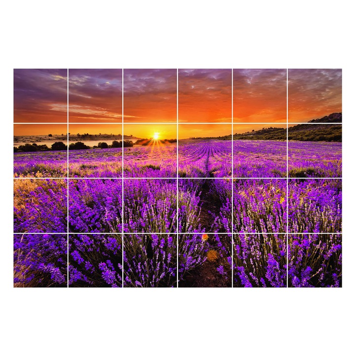 Autocolante gresie si faianta, Wallfluent, Peisaj floral la apus, Violet, 15x15 cm, 24 bucati, Decorative, 010140070240000001765