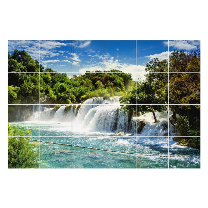 Autocolante gresie si faianta, Wallfluent, O cascada inconjurata de natura, Verde, 10x10 cm, 24 bucati, Decorative, 010140070180000001897