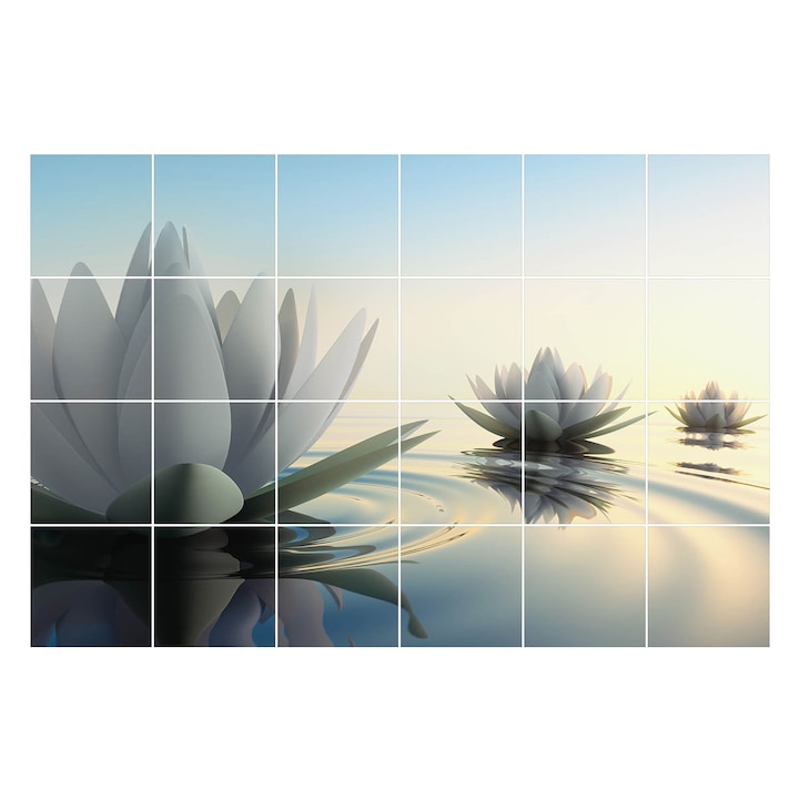 Autocolante pentru gresie, Wallfluent, Flori pe apa, Alb, 15x15 cm, 24 bucati, Decorative, 010140070240000001825