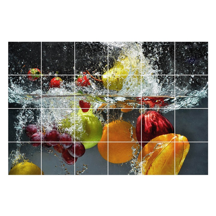 Autocolante gresie si faianta, Wallfluent, Explozie de fructe in apa, Galben, 15x15 cm, 24 bucati, Decorative, 010140070240000006302