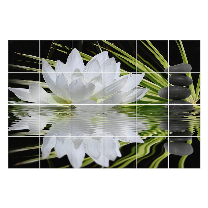 Öntapadós csempe matrica, Wallfluent, Virág a vízen kövekkel, Fehér, 15x15 cm, 24 darab, Dekorációs, 010140070240000002010