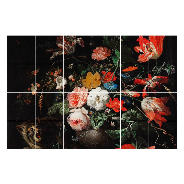 Öntapadós csempe matrica, Wallfluent, Virágcsokor vadállattal, Piros, 15x15 cm, 24 darab, Dekorációs, 010140070240000028506