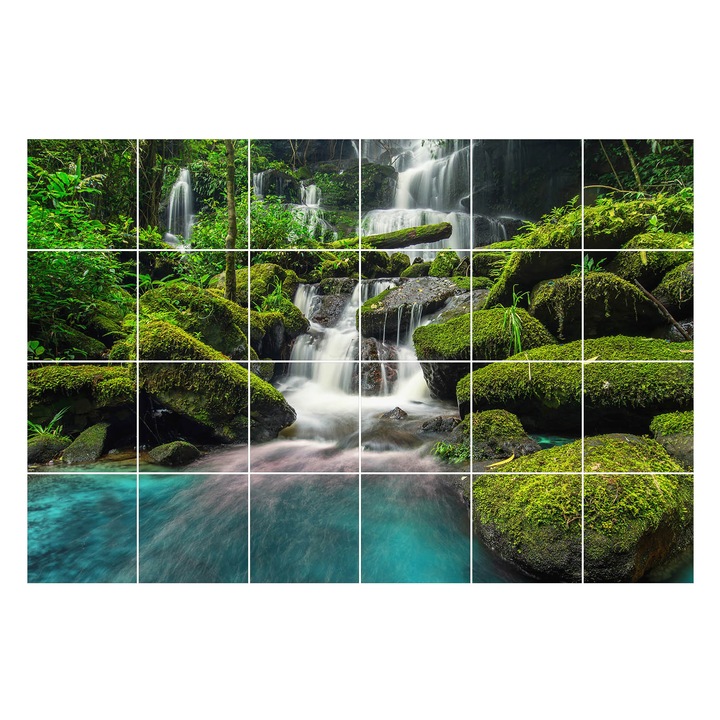 Autocolante gresie si faianta, Wallfluent, Cascada in padurea verde, Verde, 15x15 cm, 24 bucati, Decorative, 010140070240000075085