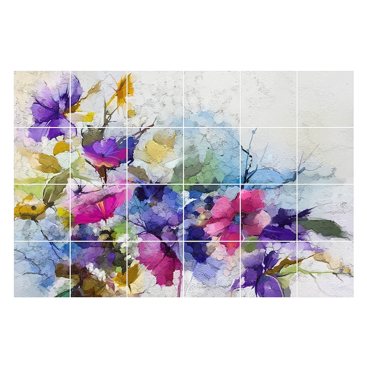 Autocolante gresie, Wallfluent, Model floral abstract, Violet, 10x10 cm, 24 bucati, Decorative, 010140070180000049065