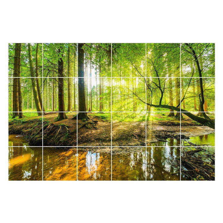 Autocolante pentru gresie, Wallfluent, Peisaj de padure cu un parau, Verde, 10x10 cm, 24 bucati, Decorative, 010140070180000007693