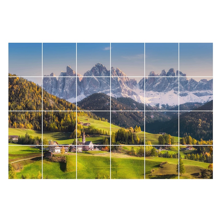 Csempe matrica, Wallfluent, Festői hegyi táj, Zöld, 10x10 cm, 24 darab, Dekorációs, 010140070180000007281