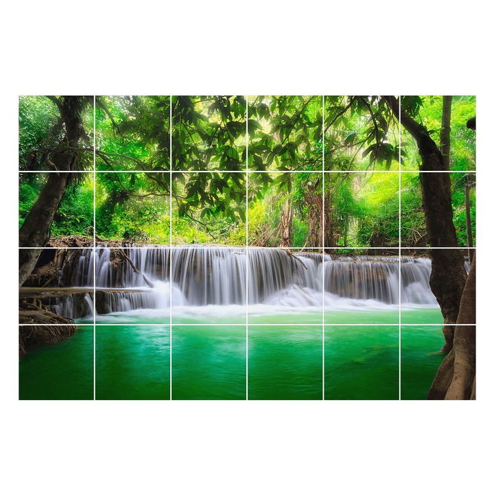 Csempe matrica, Wallfluent, Vízesés a zöld erdőben, Zöld, 10x10 cm, 24 darab, Dekorációs, 010140070180000001379