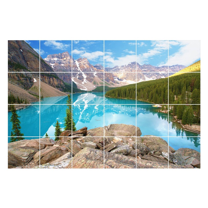 Autocolante pentru gresie, Wallfluent, Peisaj montan cu un lac, Turcoaz, 10x10 cm, 24 bucati, Decorative, 010140070180000000609