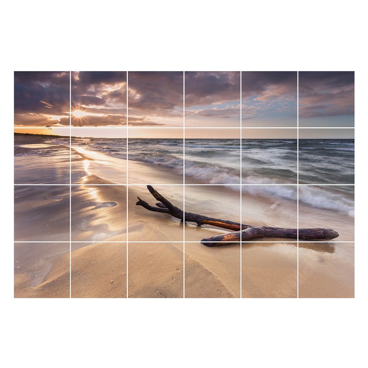 Autocolante pentru gresie, Wallfluent, Apus peste mare, Bej, 10x10 cm, 24 bucati, Decorative, 010140070180000009253