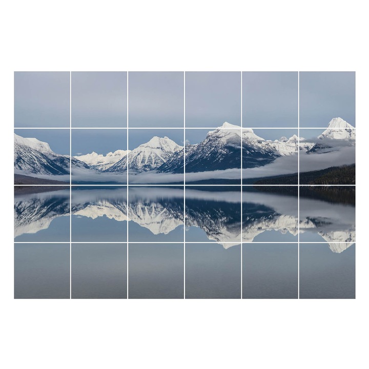 Autocolante gresie si faianta, Wallfluent, Peisaj montan cu reflexie, Albastru, 10x10 cm, 24 bucati, Decorative, 010140070180000276835