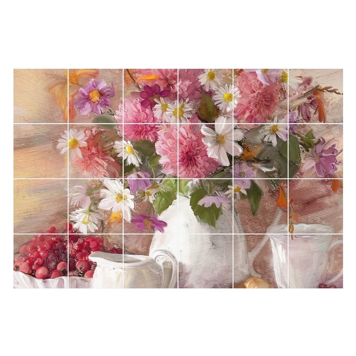Autocolante gresie, Wallfluent, Buchet de flori intr-o vaza, Roz, 15x15 cm, 24 bucati, Decorative, 010140070240000033720