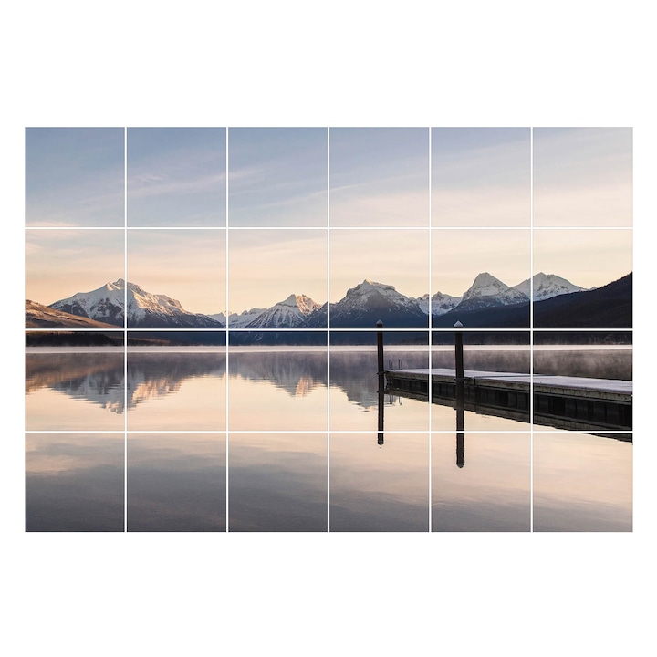 Csempe matrica, Wallfluent, Hegyi táj a tó mellett, Kék, 15x15 cm, 24 darab, Dekorációs, 010140070240000276834