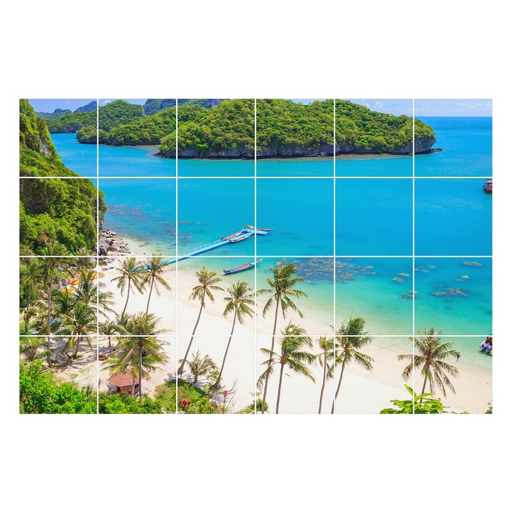 Öntapadós csempe matrica, Wallfluent, Trópusi strand szigetekkel, Türkiz, 20x20 cm, 24 darab, Dekorációs, 010140070290000076028