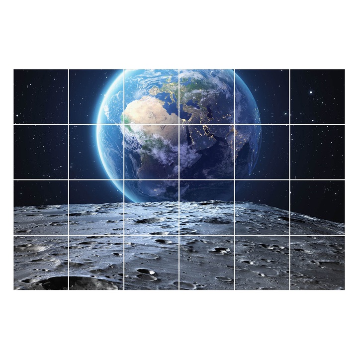 Öntapadós csempe matrica, Wallfluent, Kilátás a Földre a Holdról, Kék, 10x10 cm, 24 darab, Dekorációs, 010140070180000008441