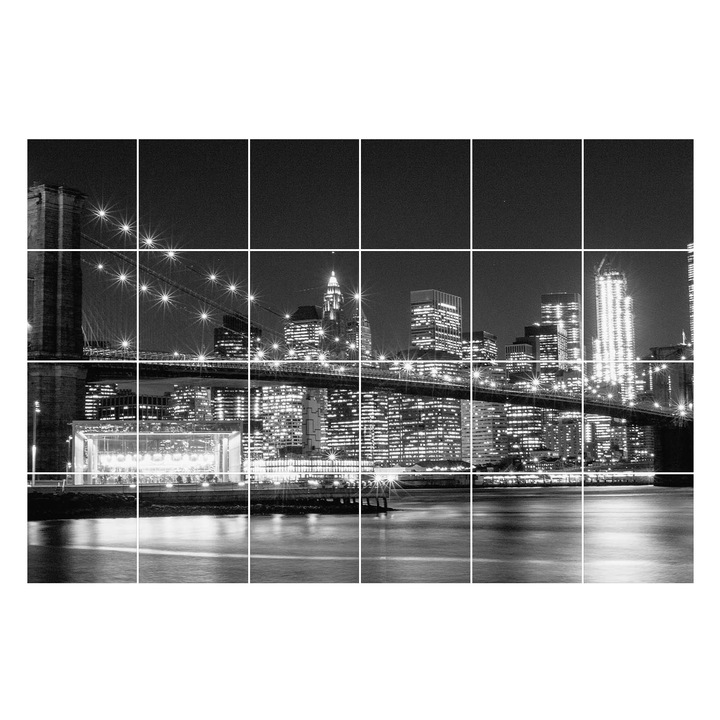 Matrica szett falra vagy csempére, Wallfluent, Híd a város felett éjszaka, Fekete és fehér, 20x20 cm, 24 darab, Dekorációs, 010140070290000009290
