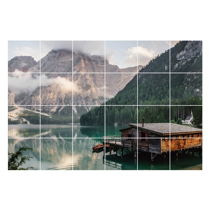 Matrica szett falra vagy csempére, Wallfluent, Festői házikó a tó mellett, Zöld, 20x20 cm, 24 darab, Dekorációs, 010140070290000276829