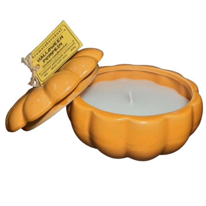Ароматна свещ Хелоуинска тиква – Подправена тиква, Aromelaborcanel, ръчно изработена, натурален восък, 200гр