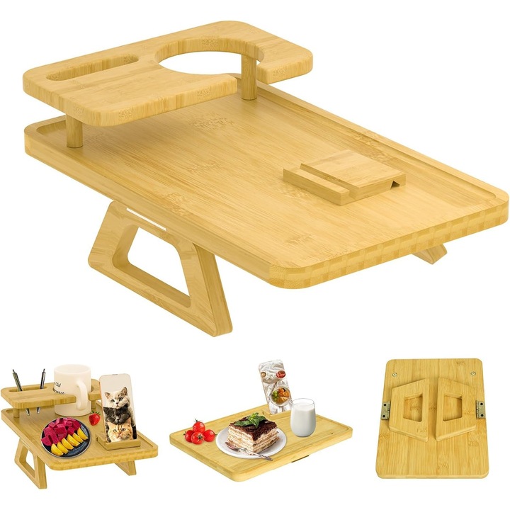 Табла 3 в 1 за подлакътник на диван, WALALLA, многофункционална табла с щипка, неплъзгаща се/сгъваема, с поставка за чаши за напитки, закуски, дистанционни, списания, подходяща за дивани и фотьойли, бамбук, 35 x 25 x 10 см, кафява
