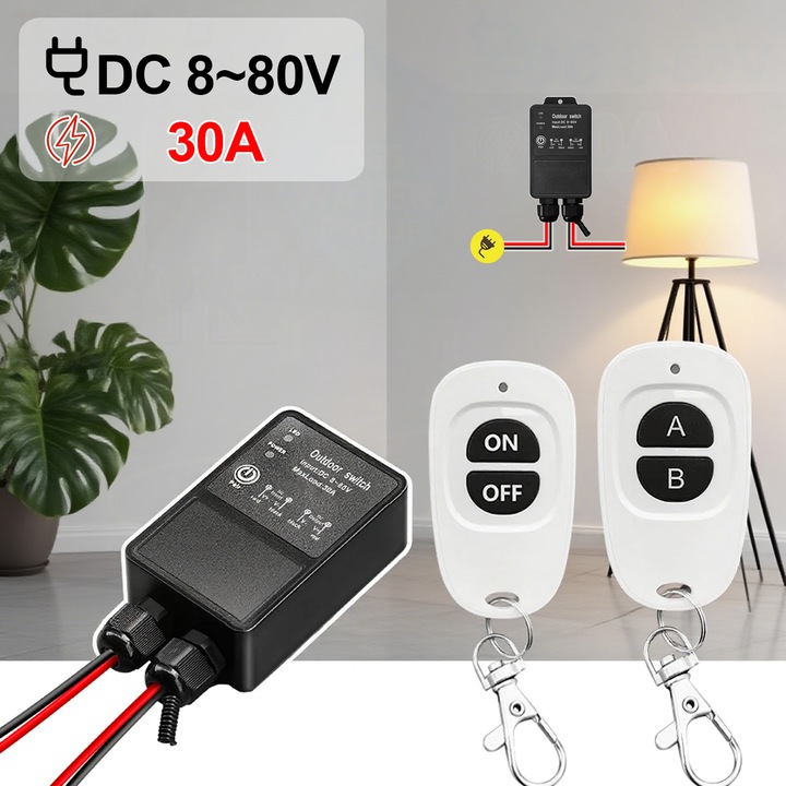 Comutator Telecomanda Wireless 433MHz, Receptor 1 Canal Impermeabil DC12V/24V/36V/48V 30A + Emitator, pentru Pompa/Motor/Lampi