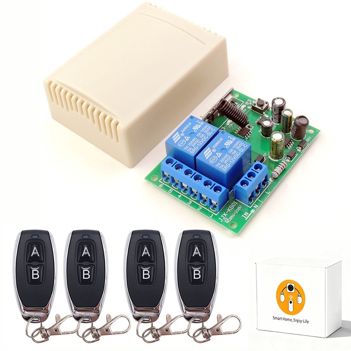 Comutator Radiofrecventa Wireless 433MHz, Receptor Releu 2 Canale AC 220V/230V/240V 10A + 4 Emitatoare, pentru Usa Garaj/Perdele Electrice/Motor/Iluminat/Control Radio DIY