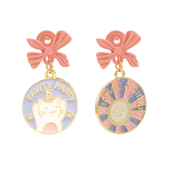 Cercei cu Fundita Roz si Pisicuta, Stil Dragut si Romantic pentru Fete, Accesorii de Ureche Fara Gaura, Tip Clips „Spirala”, Moda Tineresca