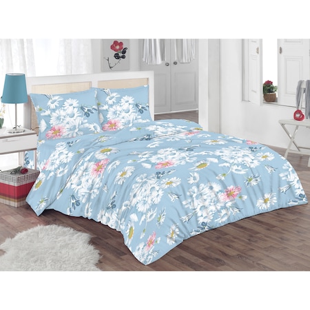 Lenjerie de pat pentru 2 persoane Kring Serenity, 100% bumbac, imprimeu floral, 132 TC, Albastru deschis