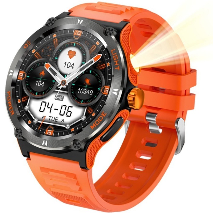 Смарт часовник за мъже, спорт на открито, водоустойчив, Bluetooth разговор, фенерче, AI гласов асистент, оранжев с черен, прецизно броене на стъпки, устойчив на износване корпус на часовника, персонализиран циферблат