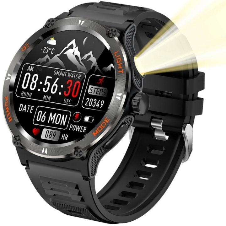 Смарт часовник за мъже, Спорт на открито, Водоустойчив, BT разговори, Фенерче, AI гласов асистент, Черен с оранжев, Прецизно броене на стъпки, Устойчив на износване корпус на часовника, Персонализиран циферблат