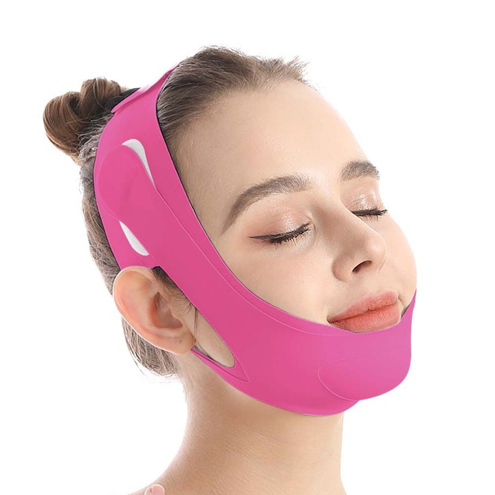 Banda de ridicare faciala, RASK, efect V-line, Reglabila, material ice silk respirabil, Rosu trandafir