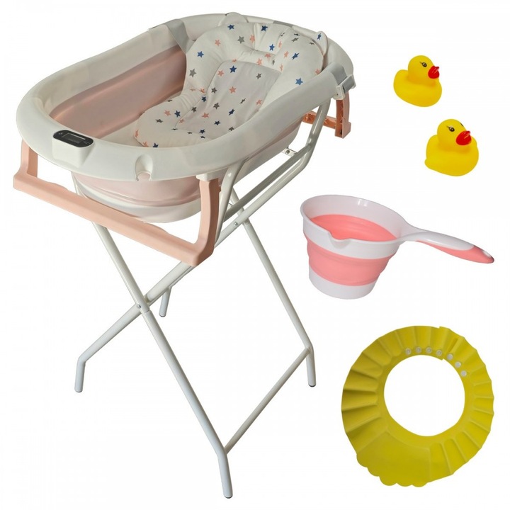 Сгъваема вана с метална стойка KidsCare, термометър, възглавница-редуктор, играчки, защита за глава, сгъваема чаша, розова
