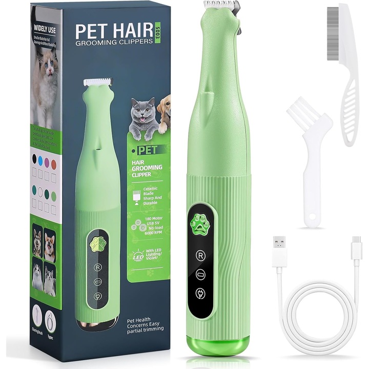 Trimmer Profesional pentru Labute, Detalii si Zone Sensibile, cu Lumina LED de ghidare, Lama de Tuns de Precizie, USB Reincarcabil, Silentios si Impermeabil, pentru Caini si Pisici de Toate Taliile (Verde)