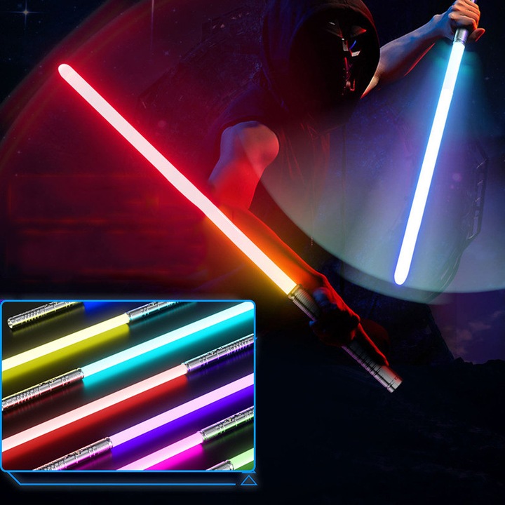Детски лазерен меч Междузвездни войни, Suness, 11 промени на цвета, със звукови ефекти, прибиращ се, 78 см, Черен