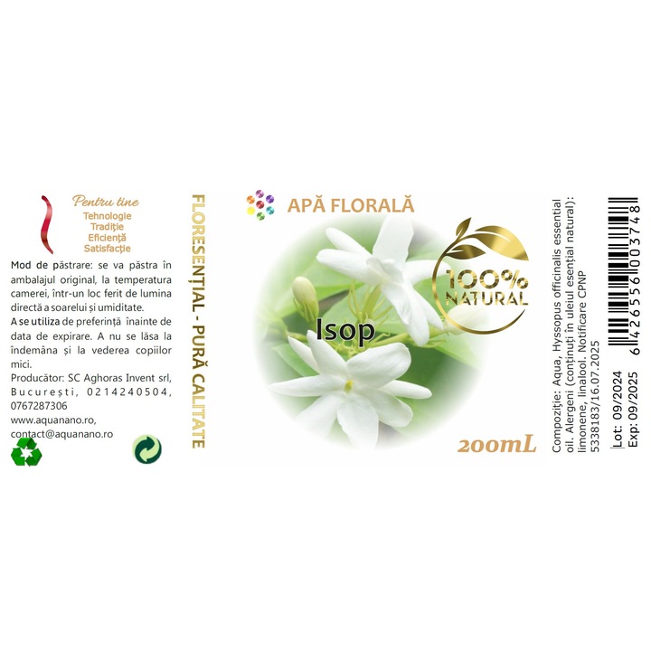 Izsóp virágvíz (Hyssopus officinalis), 200ml