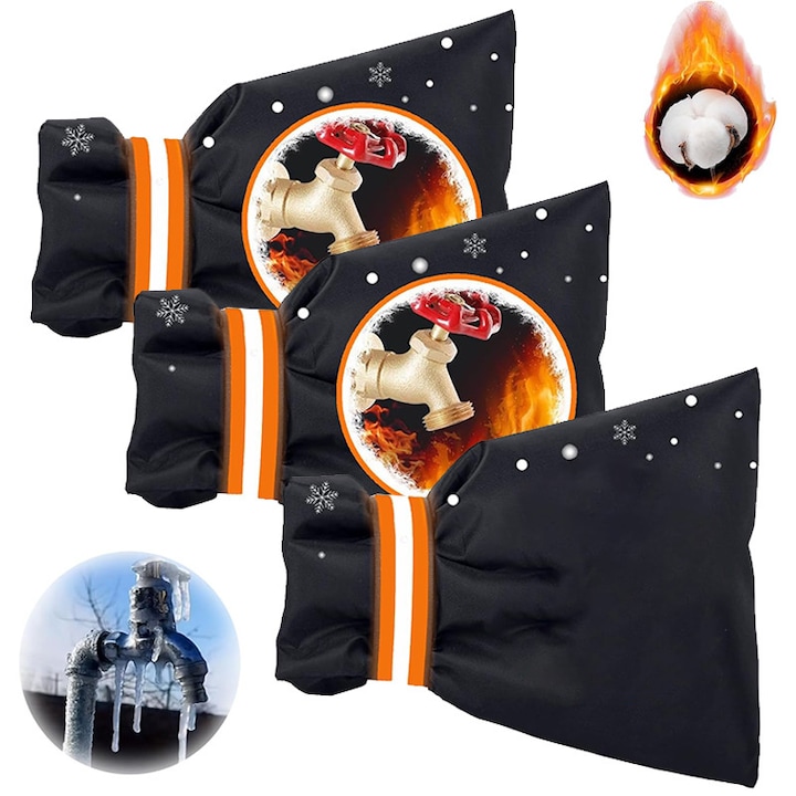 Set 3 husa antifrig pentru robinet exterior, stofa oxford 420D + bumbac termic ingrosat, impermeabila, rezistenta la uzura, cu banda reflectorizanta, scai velcro din nailon cu lipire puternica, 21x15cm, reutilizabila, neagra