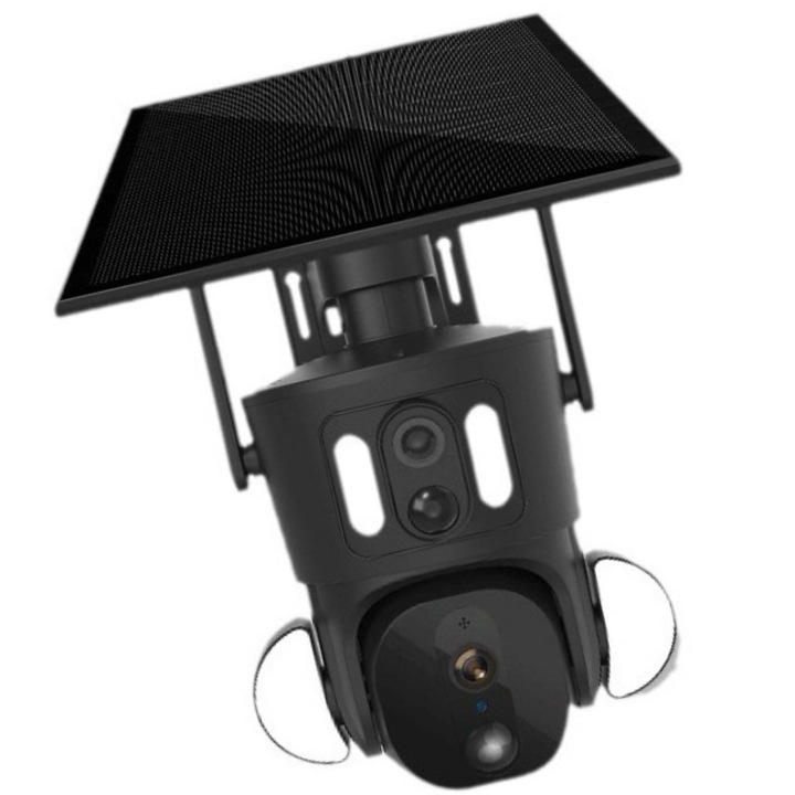 Kettős térfigyelő kamera, WIFI, 4MP, PTZ, CCTV, IP 66, 9W napelem, 360º panorámás nézet, AI érzékelés, színes éjjellátó, infravörös, kétirányú kommunikáció, fekete, Otthoni és kereskedelmi, Kiváló minőség
