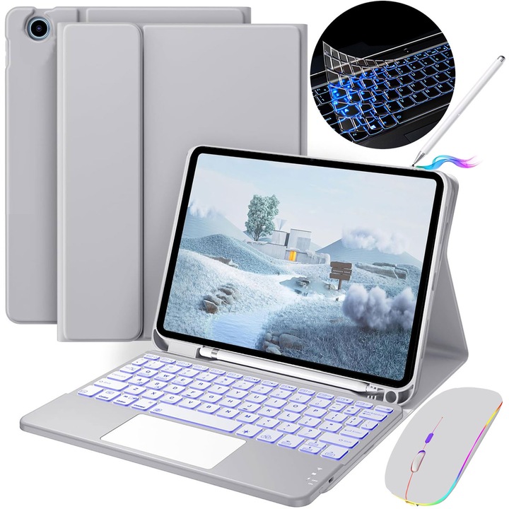 Husa Cu Tastatura Touchpad, JODAKOR®, Pentru Samsung Galaxy Tab A9 Plus 11", Fara fir, Bluetooth, Iluminare De Fundal in 7 Culori, Cu Stilou, Mouse, Membrana Din Silicon Pentru Tastatura, gri