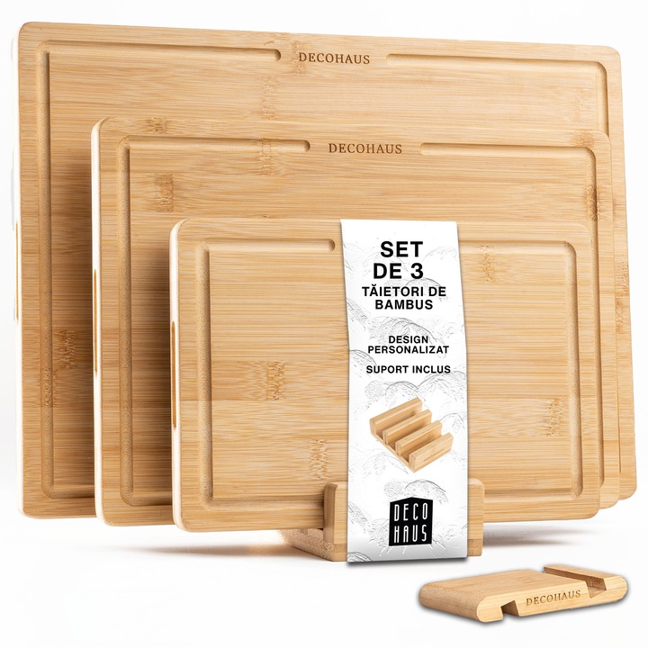 Set tocatoare din lemn Deco Haus, 3 bucati, bambus, 2 cm grosime, 40x30cm, 33x24cm, 26x18cm, cu suport pentru telefon