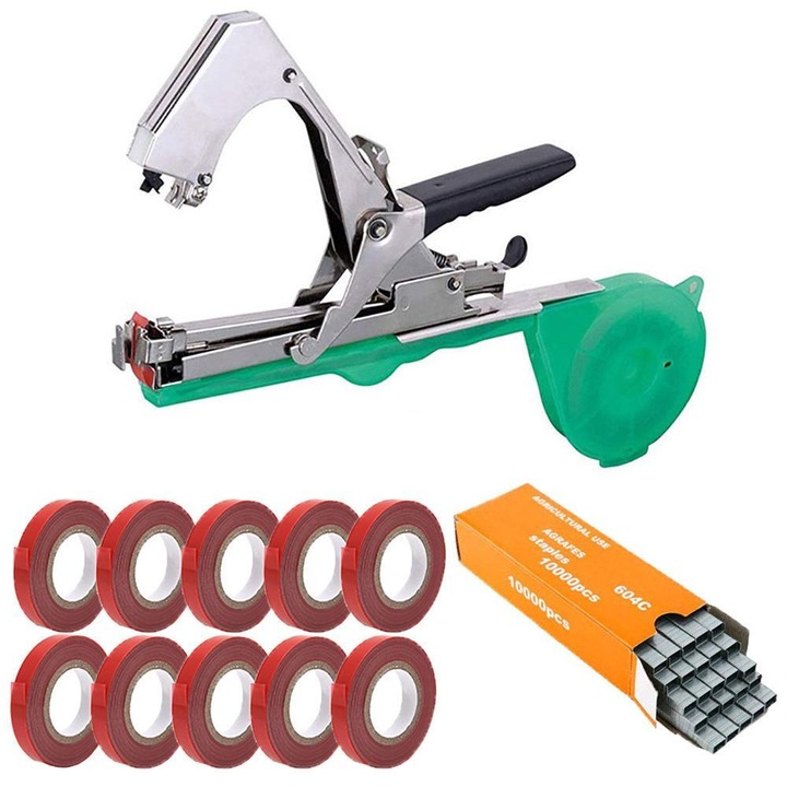 Set unelte de grădină TodyJeyHo, mașină de legat, 20 de role legături, 10.000 capse, multicolor, 355x29x158mm