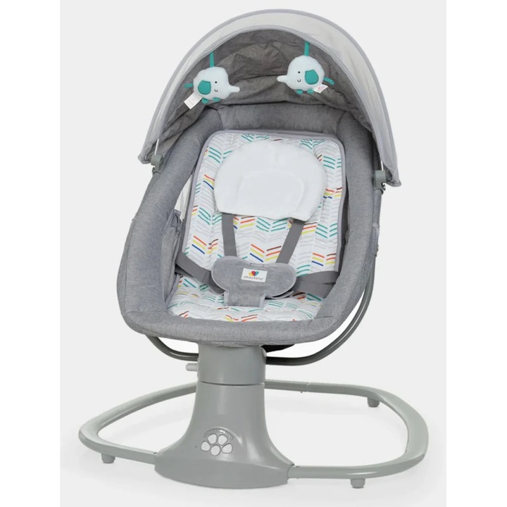 Leagan Electric Bebelusi, GHEMOTOC®, Balansoar pentru bebe cu trepte de leganare, plasa protectie, conexiune Bluetooth, telecomanda, USB, Jucarii si Melodii, gri cu verde