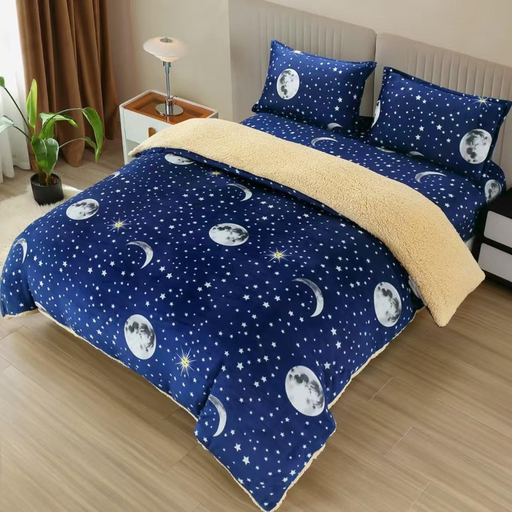 Lenjerie cu Blanita, Cearceaf cu Elastic, Set 2 Fete de Perna, 180x200cm, husa pilota 200x230cm