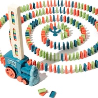 Trenulet de jucarie domino, DONFANLIA®, Cu accesorii, 180 piese, Cu lumini, Cu efecte sonore, Trenuri educative interactiv, Coordonarea mana-ochi, set, 3-7 ani, Albastru