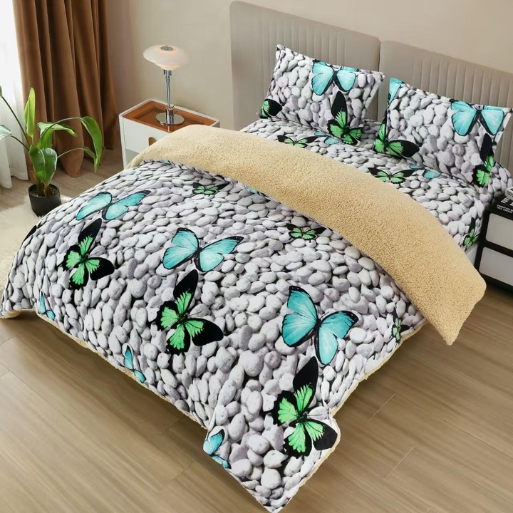 Set Lenjerie de Pat Cocolino cu Blanita si Elastic, 4 Piese, 180x200 cm, cu 2 Fete de Perna Inclusiv